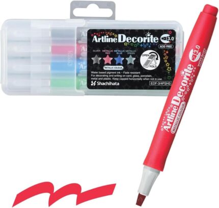 Shachihata Decorite EDF-3 Wet Erase Markers, 3.0mm Flat Tip, Metallic Markers for Arts & Crafts, Fade-Resistant, Ideal for Overpainting & Layering - Metallic Red, Blue, Green & Silver 4-Pack