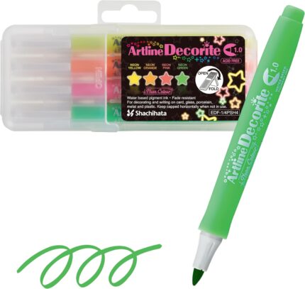 Shachihata Decorite Markers, Neon Color, Bullet Styled Nib, 0.04 inches (1.0 mm) High Density Ink, Acid-Free - Set of 4 Colors