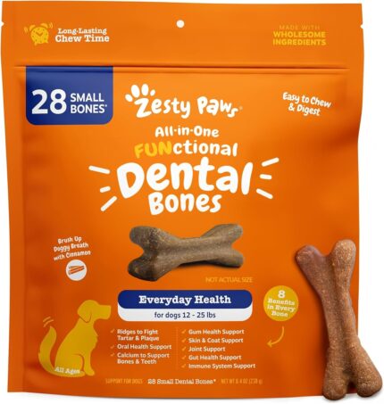 Zesty Paws Dental Bones - Fights Tartar & Plaque - Gum, Teeth & Bone Health - Cinnamon for Dog Breath - Immune, Joint, Gut, Skin & Coat Support - Omega 3 EPA & DHA and Calcium